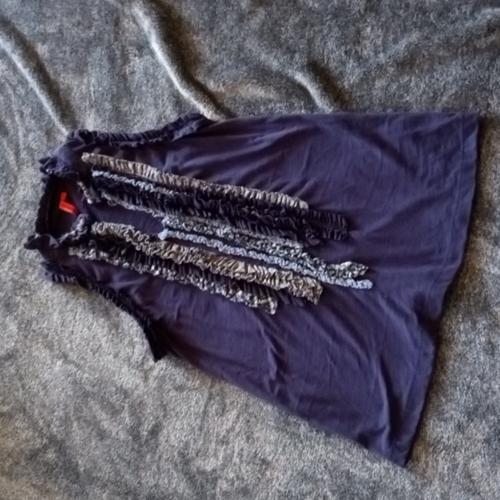 One September sleeveless navy top ruffled front